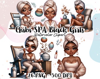 Self Care Chibi Clipart Set, Chibi Black Girls SPA, Black Woman Magic clipart, Spa Day Clipart PNG, Planner girl clipart, Relaxation Theme