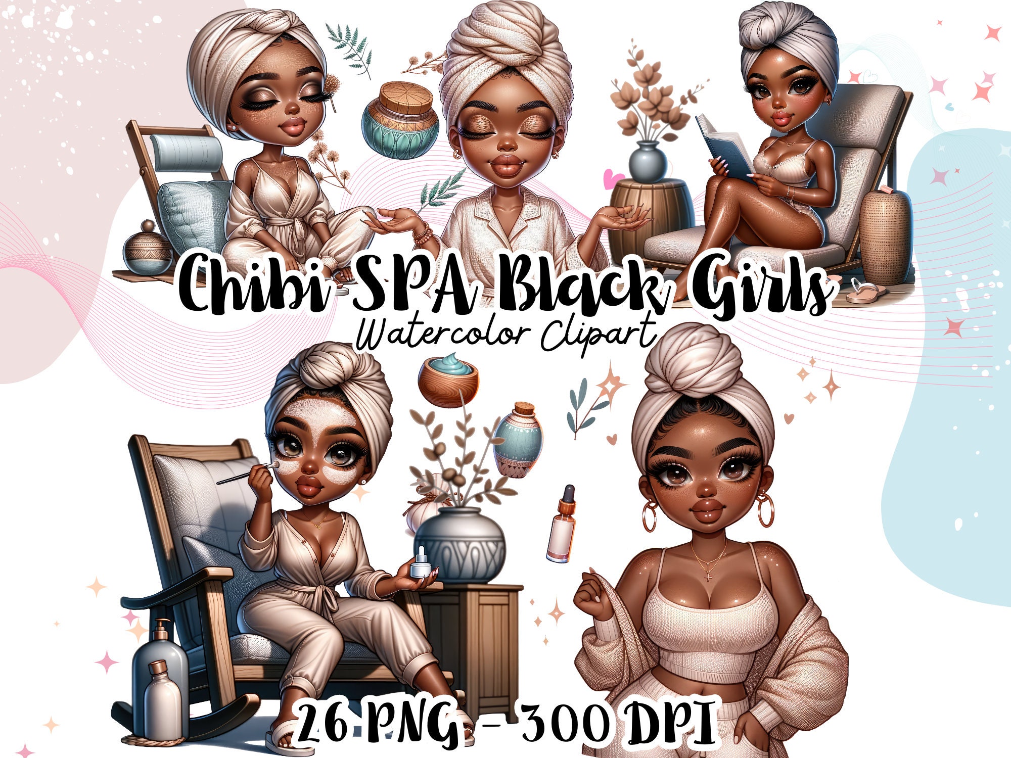 Spa Chibi Self Care Chibi Clipart Set, Chibi Black Girls SPA, Black Woman Magic ...