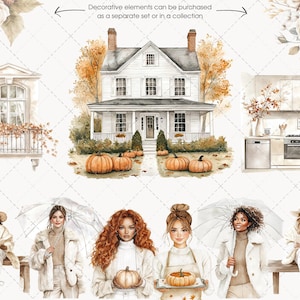 May include: Watercolor illustrations of autumn scenes, including a white house with pumpkins, a balcony, a kitchen, and women with pumpkins and umbrellas. The text reads "Decorative elements can be purchased as a separate set or in a collection."