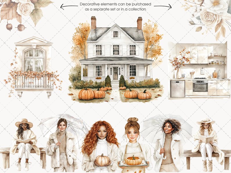 May include: Watercolor illustrations of autumn scenes, including a white house with pumpkins, a balcony, a kitchen, and women with pumpkins and umbrellas. The text reads "Decorative elements can be purchased as a separate set or in a collection."