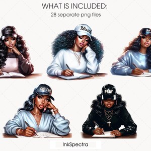 May include: Four digital illustrations of women wearing hats with inspirational words on them. Each woman is sitting at a desk with a notebook and pen. The hats say "Faith", "Blessed", "God First", and "Pray".