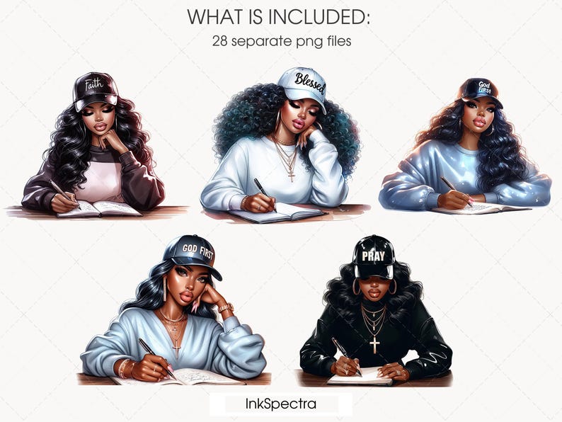May include: Four digital illustrations of women wearing hats with inspirational words on them. Each woman is sitting at a desk with a notebook and pen. The hats say "Faith", "Blessed", "God First", and "Pray".