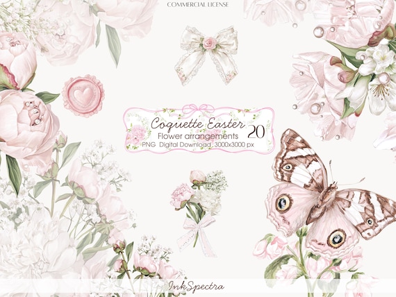 Watercolor Coquette Easter Florals, Peony Bouquets PNG, Pink Spring Floral Clipart, Grandmillennial Easter Flowers