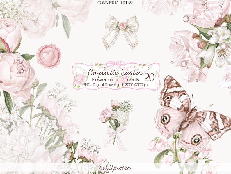 May include: Watercolor floral arrangements with peonies, butterflies, and bows in soft pink and white. The image includes the text "Coquette Easter Flower arrangements 20 PNG Digital Download".
