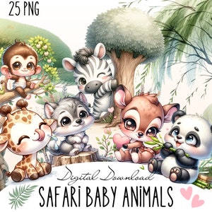 Schattige jungledieren clipart, safari babydier png, aquarel dieren clipart, babyshower clipart, safari png, schattige dieren png
