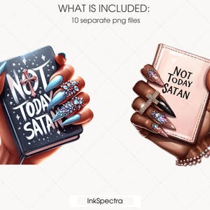 May include: Two black and pink notebooks with the text "Not Today Satan" on the covers. The notebooks are held by hands with colourful nail polish.