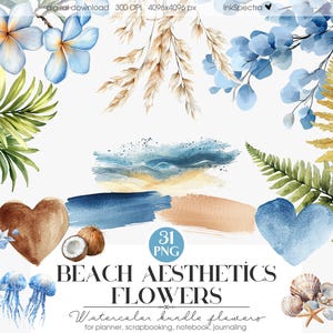 Estética playera en acuarela, océano azul cielo neutro, plantas de playa PNG, plumeria, palmeras cocoteras, olas de playa, pegatinas digitales, scrapbooking