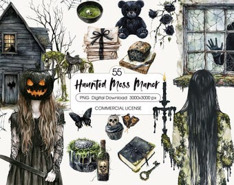 Watercolor Haunted Manor Clipart Bundle: Gothic Cottagecore PNG (Digital Download