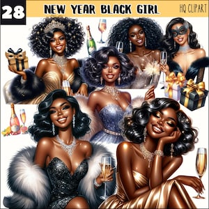 Neues Jahr schwarzes Mädchen PNG, Sublimationsdesign, Schwarze Frauenmagie, Schwarz & Gold Neujahr, Neujahr Party Clipart, Festliche Einladung