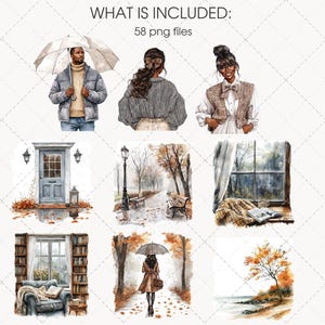 May include: Watercolor illustrations featuring people with umbrellas, autumn scenes, and cozy interiors. Includes images of a person in a gray jacket, a person with a bow, and a person with a sweater. The text "WHAT IS INCLUDED: 58 png files" is at the top.