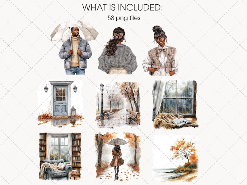 May include: Watercolor illustrations featuring people with umbrellas, autumn scenes, and cozy interiors. Includes images of a person in a gray jacket, a person with a bow, and a person with a sweater. The text "WHAT IS INCLUDED: 58 png files" is at the top.
