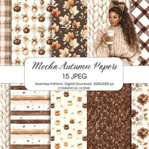 Puede incluir: Colección de arte digital "Mocha Autumn Papers" con 15 patrones JPEG sin costuras. Los patrones incluyen diseños de cuadros, florales y hojas en tonos marrones y beige. Una mujer con cabello castaño largo y un suéter sostiene una taza de café.