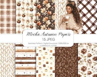 May include: A digital art collection titled "Mocha Autumn Papers" featuring 15 JPEG seamless patterns. The patterns include plaid, floral, and leaf designs in shades of brown and beige. A woman with long brown hair and a sweater is holding a coffee cup.