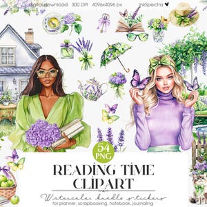 Clipart tempo di lettura, Clipart estetica primaverile, Clipart ragazza nera, Primavera floreale, Giardino primaverile, Ortensia, Album di ritagli, Adesivo per pianificatore