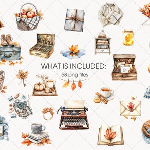 May include: Watercolor illustrations of autumn-themed objects, including books, apples in a basket, a gift, a coat, and a typewriter. The image includes the text "WHAT IS INCLUDED: 58 png files".