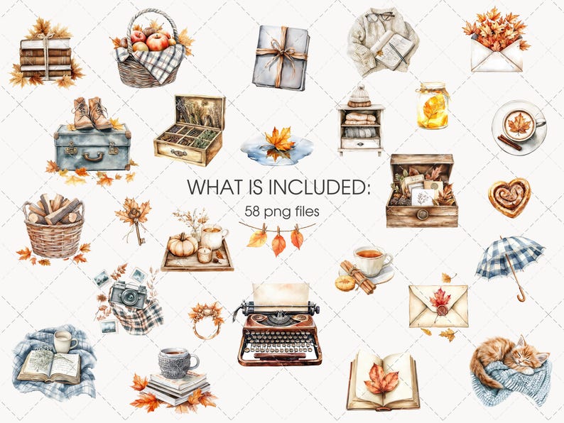 May include: Watercolor illustrations of autumn-themed objects, including books, apples in a basket, a gift, a coat, and a typewriter. The image includes the text "WHAT IS INCLUDED: 58 png files".