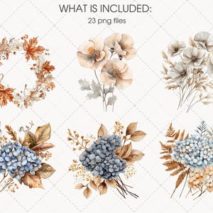 May include: Watercolor floral arrangements and a wreath in shades of brown, orange, and blue. The image includes bouquets of flowers and a wreath, with the text "WHAT IS INCLUDED: 23 png files".