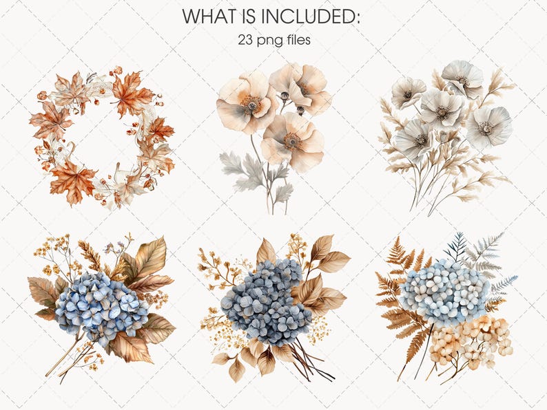 May include: Watercolor floral arrangements and a wreath in shades of brown, orange, and blue. The image includes bouquets of flowers and a wreath, with the text "WHAT IS INCLUDED: 23 png files".