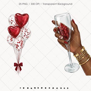 May include: Illustration of a bouquet of balloons and a champagne flute. The balloons include red heart-shaped and clear balloons with red heart confetti. A hand holds the champagne flute filled with red hearts. The hand wears gold bracelets and has red nail polish.