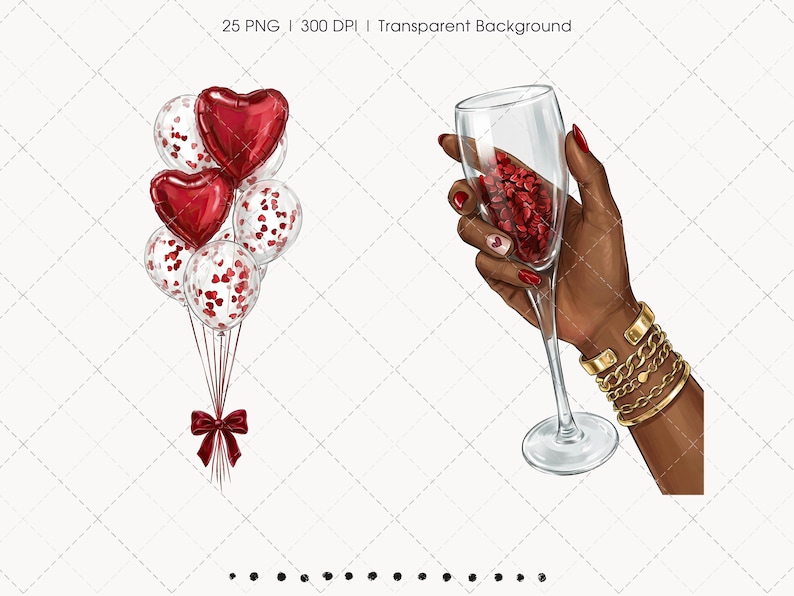 May include: Illustration of a bouquet of balloons and a champagne flute. The balloons include red heart-shaped and clear balloons with red heart confetti. A hand holds the champagne flute filled with red hearts. The hand wears gold bracelets and has red nail polish.