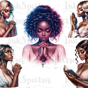 May include: Five digital illustrations of women with different hairstyles and clothing, all with their hands clasped in prayer. The women are depicted with various skin tones and facial expressions.
