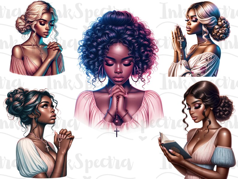 May include: Five digital illustrations of women with different hairstyles and clothing, all with their hands clasped in prayer. The women are depicted with various skin tones and facial expressions.