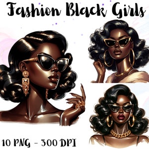 Black Girl Clipart, Black Woman Fashion Clipart, Stylish Black Girl, Girly Planner, Digital Sticker, Wall Art African American Girl PNG