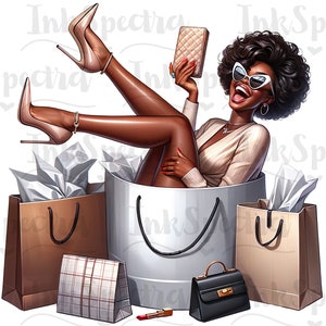 May include: A woman wearing sunglasses and a beige dress sits inside a large gift box with a white lining. She is holding a small beige purse and has her legs outstretched. There are four brown and white gift bags surrounding the box.