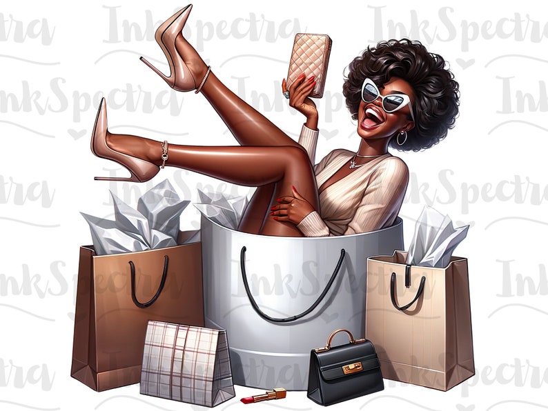 May include: A woman wearing sunglasses and a beige dress sits inside a large gift box with a white lining. She is holding a small beige purse and has her legs outstretched. There are four brown and white gift bags surrounding the box.