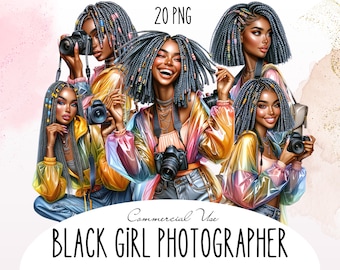 Black Girl Photographer Clipart, Camera Girl Digital Art, Bright Black Photographer Illustration, Rainbow African American Girl with Camera