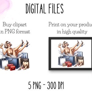 May include: A digital illustration of a woman in a white dress and high heels, holding shopping bags and credit cards. The illustration is set against a white background with the text "DIGITAL FILES", "Buy clipart in PNG format", and "Print on your product in high quality".