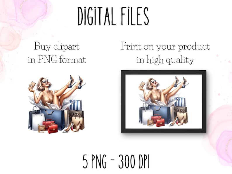 May include: A digital illustration of a woman in a white dress and high heels, holding shopping bags and credit cards. The illustration is set against a white background with the text "DIGITAL FILES", "Buy clipart in PNG format", and "Print on your product in high quality".