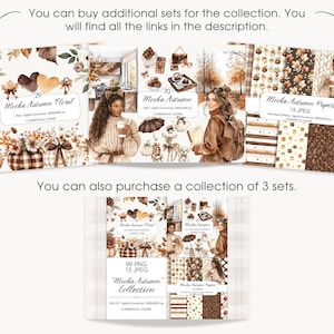 May include: Digital art collection featuring autumn-themed illustrations. The image showcases three sets: "Mocha Autumn Floral," "Mocha Autumn," and "Mocha Autumn Papers." The collection includes PNG and JPEG files with a commercial license. The text on the image says "You can buy additional sets for the collection."