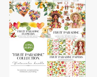 Watercolor Fruit Paradise Clipart, Floral Stickers (Digital Download)