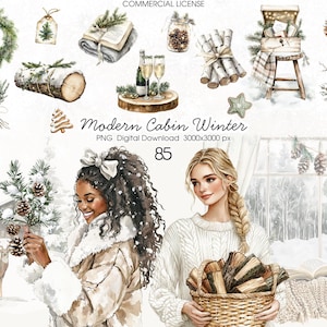 May include: Watercolor illustration with a winter cabin theme. The image features a wreath, logs, a snowman, and two women. The text "Modern Cabin Winter" is displayed. The image is a digital download.
