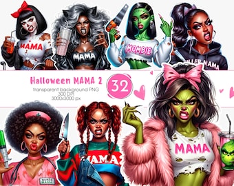 Mama Spooky Clipart Bundle, schwarzes Mädchen Halloween PNG, Horrorfilm Design, Skelett Zombie, Horror TShirt Tumbler Sublimation PNG