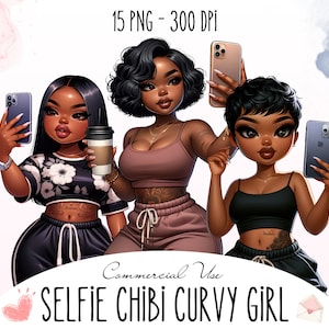Ensemble exclusif de femmes afro-américaines rondes de style chibi, png avec arrière-plan transparent, clipart pour produits POD