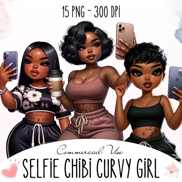 PNG exclusivo de mujer afroamericana con curvas estilo Chibi con paquete de fondo transparente, imágenes prediseñadas para productos POD