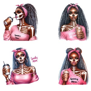 May include: Four digital illustrations of women with skeleton makeup and pink shirts that say "Spooky Mom" on them. Each woman is holding a beverage and has long black braids.