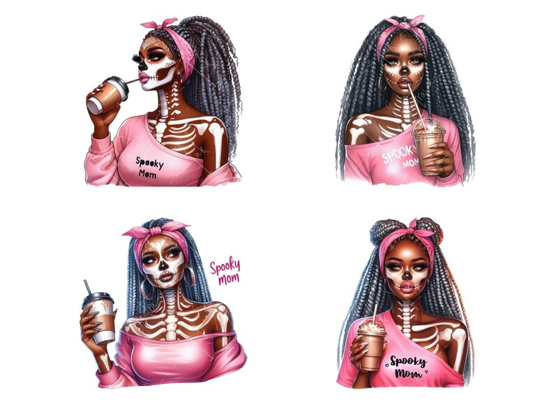 May include: Four digital illustrations of women with skeleton makeup and pink shirts that say "Spooky Mom" on them. Each woman is holding a beverage and has long black braids.