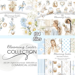 Könnte beinhalten: Eine digitale Kunstsammlung namens "Blooming Easter" mit dekorativen Akzenten, nahtlosen Mustern und Illustrationen. Das Bild zeigt Ostermotive wie Blumen, Körbe und Porträts in einer sanften Pastellfarbpalette. Die Sammlung umfasst 104 Dateien.