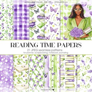 Könnte beinhalten: Ein Set mit 21 digitalen Papierdesigns mit Aquarell-Illustrationen von Büchern, Schmetterlingen, Blumen und Karomustern in den Farben Lila, Grün und Weiß. Die Papiere sind nahtlos und können für Scrapbooking, Planer, Notizbücher und Journaling verwendet werden.