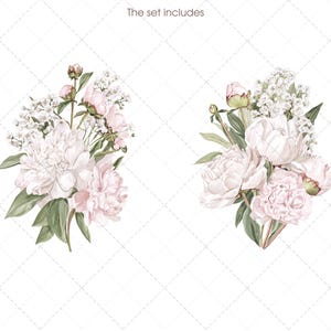 May include: Watercolor illustration of two floral arrangements. Each arrangement features white peonies, small white flowers, green leaves, and pink buds. The text "The set includes" is at the top.