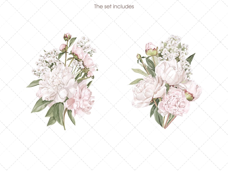 May include: Watercolor illustration of two floral arrangements. Each arrangement features white peonies, small white flowers, green leaves, and pink buds. The text "The set includes" is at the top.