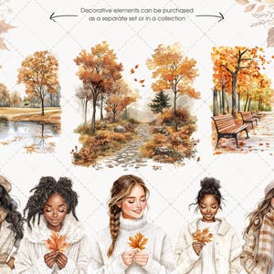 May include: Watercolor illustrations of autumn scenes and women holding fall leaves. The artwork features trees with orange and yellow foliage, a park with benches, and a path. The women are wearing sweaters, coats, and scarves.