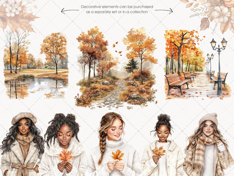 May include: Watercolor illustrations of autumn scenes and women holding fall leaves. The artwork features trees with orange and yellow foliage, a park with benches, and a path. The women are wearing sweaters, coats, and scarves.