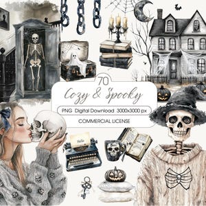 Watercolor Cozy Spooky Halloween Clipart, Ghosts, Pumpkins, Reading Halloween, Spooky Cozy Aesthetic, Scrapbooking