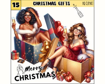 May include: Two women in festive attire are sitting inside open gift boxes. One woman is wearing a gold dress with a white fur collar and holding a glass of champagne. The other woman is wearing a red dress and holding a glass of champagne. The boxes are filled with sparkling lights and gold glitter. The text "Merry Christmas" is written in black letters on a white background.