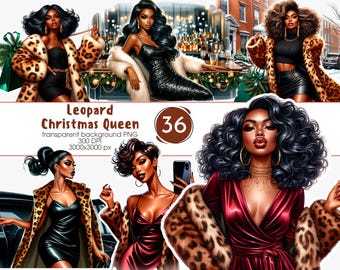 May include: Digital art featuring multiple illustrations of women in glamorous attire. The women are wearing dresses, coats, and accessories. The text "Leopard Christmas Queen" is displayed, along with other text and a number.