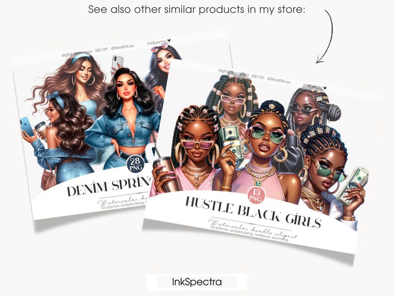 May include: Two digital illustration sets featuring women. The first set is called "Denim Spring" and features 28 PNG images of women wearing denim clothing. The second set is called "Hustle Black Girls" and features 13 PNG images of Black women wearing stylish outfits.